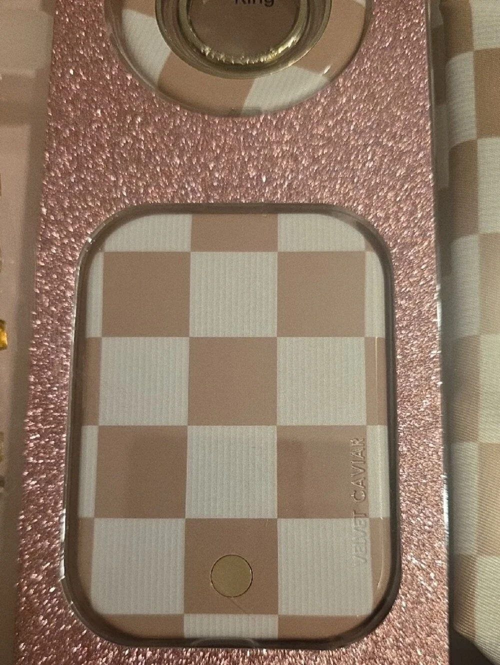 Velvet Caviar Beige & White Check Phone Accessories Set